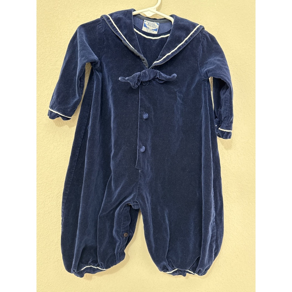 Carriage Boutiques Sailor Romper Baby 9M Navy Blue Velvet Cotton Vintage Style